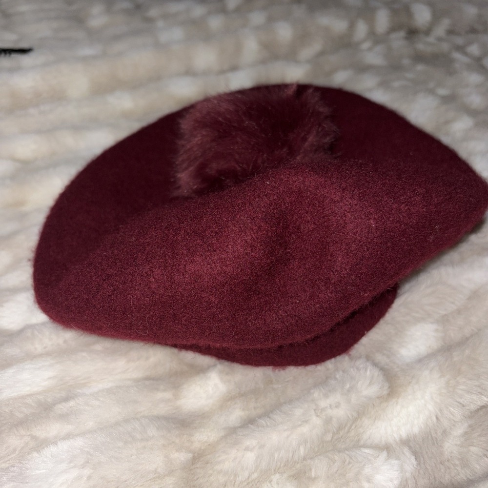 100% Wool Artist Beret Soft Fur Pom Pom Hat Casual Burgundy Beanie French Style